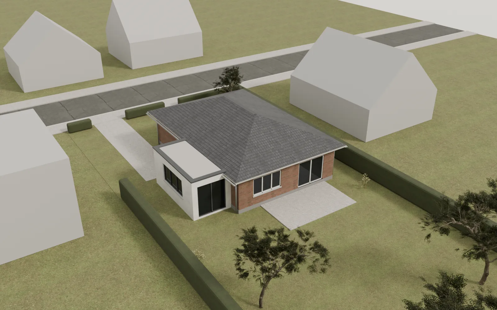 Demo B: Bungalow mit seitlichem Anbau, Vogelperspektive